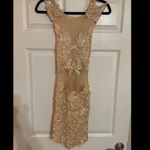 Bodycon dress with an open back and sheer center front panel.